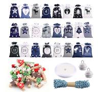 YunBey Calendrier de l'Avent à Poches - Set de 24 Poches Cadeaux à Cordon Tiraillement avec Motifs de Chiffres, Rennes et Sapins, incluant 10m de Corde, 24 Pinces et Ruban pour Décoration de Compte à