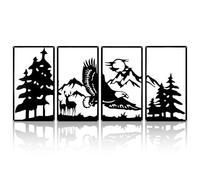 YunBey Ensemble d'Art Mural en Métal, 4 Panneaux Silhouettes Nature (Forêt, Montagne, Aigle, Cerf) | 111×43cm | Décoration Rustique Indoor & Outdoor pour Salon, Jardin, Cabane | Déco Maison (Noir)