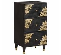 YunCangg Buffet avec étagère et tiroir, noir, 40 x 33 x 75 cm, en bois massif de mangue, avec motif sérigraphié doré et poignées en laiton, pour salon, espace de rangement et rangement multimédias