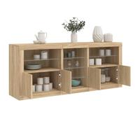 YunCangg Buffet avec lumières LED chêne Sonoma en bois 181,5 x 37 x 67 cm, buffet en 3 parties avec beaucoup d'espace de rangement, meuble de salon et de cuisine moderne, portes pratiques, port USB