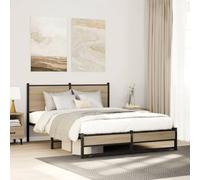 YunCangg Cadre de lit en métal chêne Sonoma 140 x 200 cm avec tête de lit, sommier à lattes et espace de rangement, lit stable sans matelas, cadre en acier pour chambre à coucher, lit durable avec