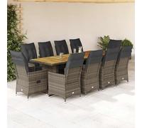 YunCangg Ensemble de bistro de jardin 11 pièces gris en polyrotin avec fauteuils réglables, table en bois d'acacia, coussins, résistant aux intempéries pour terrasse, balcon, véranda, salon extérieur