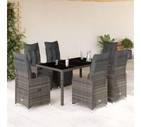 YunCangg Ensemble de bistro de jardin 7 pièces en polyrotin gris avec fauteuils réglables, table en verre trempé, coussins, résistant aux intempéries pour terrasse, balcon, véranda, peu encombrant