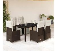YunCangg Ensemble de bistro de jardin 7 pièces marron avec coussins en polyrotin, 6 fauteuils réglables avec repose-pieds et 1 table en verre trempé, meubles de jardin résistants aux intempéries pour