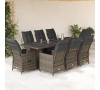 YunCangg Ensemble de bistro de jardin 9 pièces en polyrotin gris avec fauteuils réglables et coussins pour terrasse, balcon, extérieur, meubles de jardin résistants aux intempéries avec table en verre