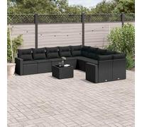 YunCangg Ensemble de canapé de jardin 11 pièces en rotin synthétique noir avec coussins, résistant aux intempéries, pour terrasse, balcon et véranda, comprenant table, canapé, fauteuil et banc