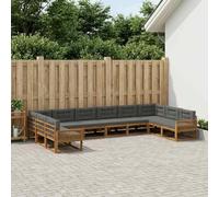 YunCangg Ensemble de canapé d'extérieur 10 pièces avec coussin naturel anthracite en bois d'acacia massif pour jardin, terrasse, balcon, ensemble moderne pour s'asseoir, se détendre et des moments