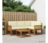 YunCangg Ensemble de canapé d'extérieur 5 pièces en bois d'acacia avec housse en polyester naturel et crème, salon modulaire pour jardin, terrasse, balcon, résistant aux intempéries et flexible, table