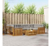 YunCangg Ensemble de canapé d'extérieur 7 pièces en bois d'acacia massif avec coussins amovibles gris clair naturel pour jardin, terrasse, balcon, salon modulaire pour une assise détendue et