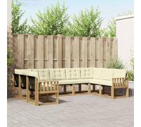 YunCangg Ensemble de canapé d'extérieur 9 pièces blanc crème avec cadre en bois d'acacia, assises en textilène, coussins amovibles, 304 x 187,5 x 73 cm, pour jardin, terrasse, balcon, assise et