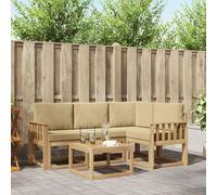 YunCangg Ensemble de canapé d'extérieur en bois d'acacia massif et polyester, 5 pièces, blanc, beige, avec coussins, pour jardin, terrasse, balcon, salon modulaire pour se détendre et se réunir en