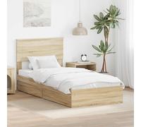 YunCangg Lit de rangement, chêne Sonoma, 100 x 200 cm, matériau dérivé du bois avec tiroir, sommier à lattes et tête de lit, cadre simple moderne pour chambre à coucher, cadre stable, solution de