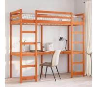 YunCangg Lit mezzanine en pin massif marron cire, 75 x 190 cm, avec sommier à lattes et protection anti-chute, 2 échelles, lit simple peu encombrant avec bureau intégré pour les petites pièces