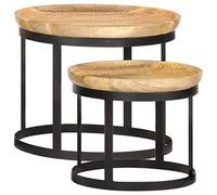 YunCangg Lot de 2 tables d'appoint rondes en bois massif de mango et acier avec motif floral sculpté, grande table de 53 x 44 cm et petite table de 43 x 36 cm, polyvalente comme table basse, table