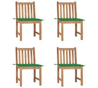 YunCangg Lot de 4 chaises de jardin avec coussins verts en teck massif - Résistantes aux intempéries - Empilables - Avec dossier et accoudoirs - Pour terrasse et camping - Relaxation relaxante