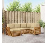 YunCangg Lot de 6 canapés d'angle avec coussins en bois d'acacia massif beige naturel, salon modulaire pour jardin, terrasse, balcon, ensemble confortable pour se détendre et se réunir en compagnie