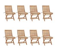YunCangg Lot de 8 chaises de jardin pliantes en teck massif avec coussins beige, résistantes aux intempéries, empilables, avec accoudoirs et dossier, idéales pour balcon, terrasse et extérieur