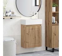 YunCangg Meuble de salle de bain en chêne Artisan avec lavabo en céramique, robinet mélangeur, espace de rangement, porte réversible, montage mural, ensemble de meubles de salle de bain modernes pour