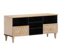 YunCangg Meuble TV 100 x 33 x 46 cm, bois massif blanchi au mangue, sculpté à la main, armoire multimédia robuste avec espace de rangement, pour salon, chambre à coucher, élégante