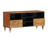 YunCangg Meuble TV 100 x 33 x 46 cm en bois massif de mangue, marron miel, motif floral sculpté à la main, style rétro, armoire multimédia stable pour salon