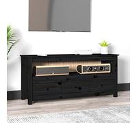 YunCangg Meuble TV noir 114 x 35 x 52 cm en pin massif avec 3 tiroirs, style maison de campagne, pour salon, chambre à coucher, console TV robuste