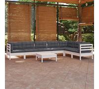 YunCangg Salon de jardin 8 pièces blanc en pin massif avec coussins, 3 canapés d'angle, 4 canapés centraux, 1 tabouret, salon d'extérieur résistant aux intempéries pour terrasse, balcon, véranda