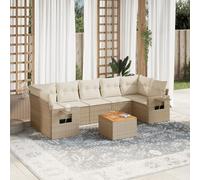 YunCangg Salon de jardin 8 pièces en polyrotin beige avec coussins, résistant aux intempéries, pour terrasse, balcon et véranda, table en bois d'acacia, pliable et peu encombrant