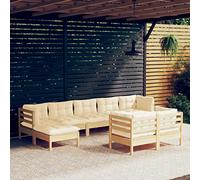 YunCangg Salon de jardin 9 pièces avec coussins crème, bois de pin massif, 4 canapés d'angle, 3 canapés centraux, 2 tabourets, ensemble de meubles d'extérieur résistants aux intempéries pour se