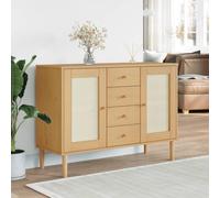 YunCangg SENJA Buffet aspect rotin marron en pin massif 112 x 40 x 80 cm avec 4 tiroirs et 4 compartiments de rangement pour salon, cuisine et salle à manger