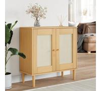 YunCangg SENJA Buffet aspect rotin marron en pin massif avec peinture UV 80 x 35 x 80 cm, 2 portes avec poignées en bois, espace de rangement pour salon et cuisine, buffet stable