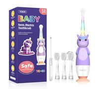 YUNCHI K3 Brosses à dents électriques pour bébé de 0 à 3 à 6 ans avec minuteur, lumière LED colorée arc-en-ciel, 4 têtes souples, alimentée par piles pour filles, garçons, enfants (licorne violette)
