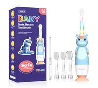 YUNCHI K3 Brosses à dents électriques pour bébé de 0 à 3 à 6 ans avec minuteur, lumière LED colorée arc-en-ciel, 4 têtes souples, alimentée par piles pour filles, garçons, enfants (licorne bleue)