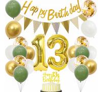 Yunchu Online Déco 13e Anniversaire Garçon Fille 13 Ans Décoration de Fête d'Anniversaire 13e Gâteau Déco Sage Vert Blanc Or Ballons de Fête