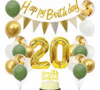 Yunchu Online Déco 20e Anniversaire Garçon Fille 20 Ans Décoration de Fête d'Anniversaire 20e. Décoration de Gâteau Sage Vert Blanc Or Ballons de Fête