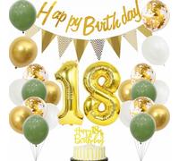 Yunchu Online Décoration d'anniversaire 18 ans pour garçon fille - Ballons de fête vert sauge, blanc et doré, décoration de gâteau - Décoration pour la célébration des 18 ans