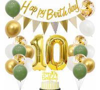 Yunchu Online Décoration de 10e anniversaire garçon fille 10 ans fête d'anniversaire décoration 10e anniversaire décoration de gâteau d'anniversaire vert sauge blanc or ballons de fête pour décoration