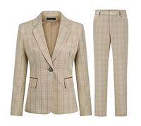 YUNCLOS Tailleur Femme 2 pièces Slim Fit Chic Veste Bureau Travail Blazer Pantalons Constume Ensemble à Carreaux,Kaki,S