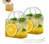 YUNFAN 2 Pcs Glass Purse for Drinks,Unique Purse Drinking Glass,Decorative Fish Bowl Handbag Vase,Cute Cocktail Glasses with Straw,for Juice,Iced Tea,Flowers,Home Bar Decor