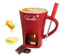 YUNFAN Chocolate Fondue Mug with Forks,Ceramic Butter Warmers Pot Set,Fondue Heated with Tealight,Ceramic Chocolate Melting Cup Mug,Cave Hole Sweet Cup,Warmer Mugs for Candy Snack Caramel Party(Red)