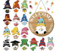 YUNFAN DéCoration De GNOME en Bois Interchangeable,Panneau Bienvenue pour Porte D'EntréE,d'automne Bois Monter Soi-MêMe,avec Aimants Et Chapeaux Amovibles,Panneau Bienvenue pour La Maison(A4)