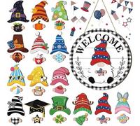 YUNFAN DéCoration De GNOME en Bois Interchangeable,Panneau Bienvenue pour Porte D'EntréE,d'automne Bois Monter Soi-MêMe,avec Aimants Et Chapeaux Amovibles,Panneau Bienvenue pour La Maison(A2)