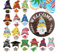 YUNFAN DéCoration De GNOME en Bois Interchangeable,Panneau Bienvenue pour Porte D'EntréE,d'automne Bois Monter Soi-MêMe,avec Aimants Et Chapeaux Amovibles,Panneau Bienvenue pour La Maison(A5)