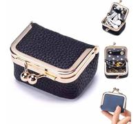 YUNFAN Genuine Leather Mini Jewelry Box,Mini Jewelry Case,Casual Style Kiss Lock Coin Wallet For Women,Retro Change Purse,Portable Mini Jewelry Case For Earring,Ring,Necklace,Bracelet (Noir)