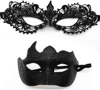 YUNHENTONG Masque Bal Masqué 2 Pièces Masque Vénitien Couple Masque Venise Femme Homme Masque Carnaval Masque Dentelle Noir Masque de Bal (Noir)