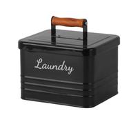 YunJove Boîte de Rangement pour Le Linge avec Couvercle et Poignée En Bois, Support de Rangement En Fer à Repasser de Table pour Le Linge, Noir