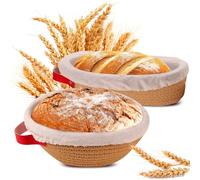 Yunkctuk Panier de Fermentation avec Insert en Lin & Couvercle, Set de 2 Ovale & Rond Corbeille à Pain en Corde de Coton, Accessoires de Panification au Levain pour Boulangers Professionnels