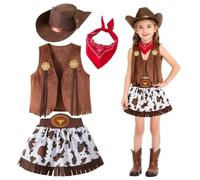 Yunlaishaocer Deguisement Cowboy Enfant,Western pour Fille avec Bandana,Gilet et Chapeau,Jupe Courte,Deguisement Cowgirl Enfant Fille,Cowgirl Costume pour Halloween Carnival Cosplay Party (5-6 ans)