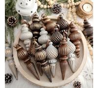 Yunlly Lot de 18 décorations de Noël neutres texturées avec boucle de suspension - Décorations modernes marron incassables pour sapin de Noël - Décoration vintage rustique - Ivoire ferme