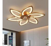 YUNLONG Lustre Ventilateur de Plafond Intelligent avec Télécommande et Commande Alexa, Aucun WiFi Requis, Luminaire Plafonnier Ventilateur, Design Floral Moderne, pour Chambre, Salon, Or