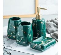 YUNM Set D'Accessoires De Salle De Bain Set Luxe Effet Marbre, Comprend Un Distributeur De Savon Liquide Ou De Lotion avec Porte-Brosse À Dents, Gobelet, Porte-Savon 4Pcs (4Pcs)
